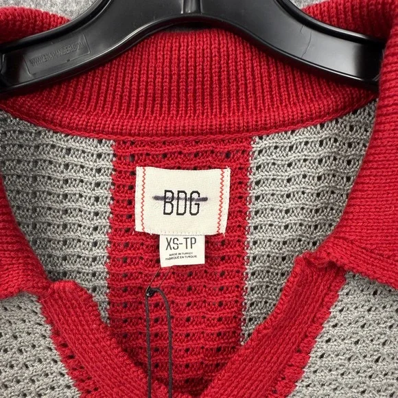 BDG Urban Outfitters Red Grey Striped Open Knit Polo Sweater Womens XS New - Picture 2 of 11
